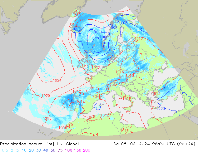 Precipitation accum. UK-Global Sáb 08.06.2024 06 UTC