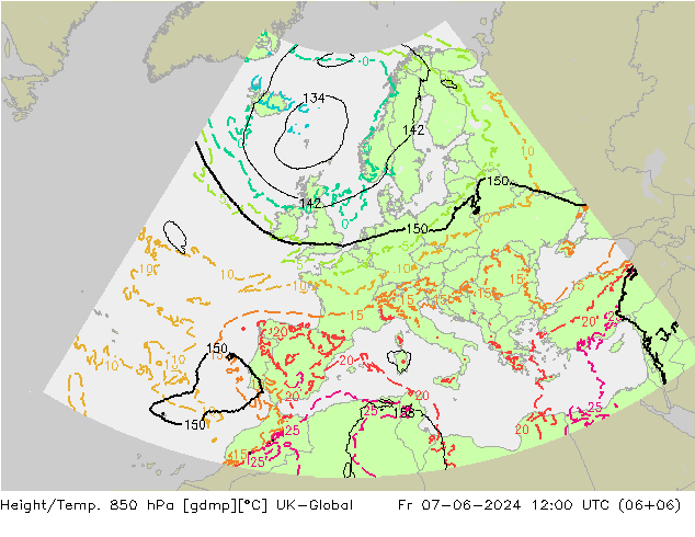 Height/Temp. 850 гПа UK-Global пт 07.06.2024 12 UTC