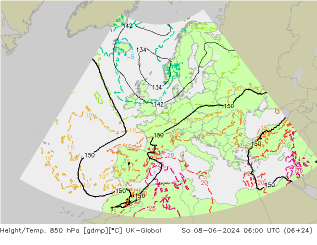 Height/Temp. 850 hPa UK-Global Sa 08.06.2024 06 UTC