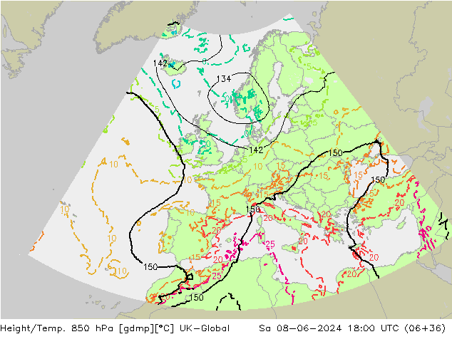 Géop./Temp. 850 hPa UK-Global sam 08.06.2024 18 UTC