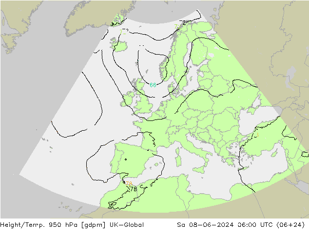Height/Temp. 950 hPa UK-Global so. 08.06.2024 06 UTC