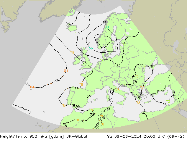 Height/Temp. 950 hPa UK-Global Su 09.06.2024 00 UTC