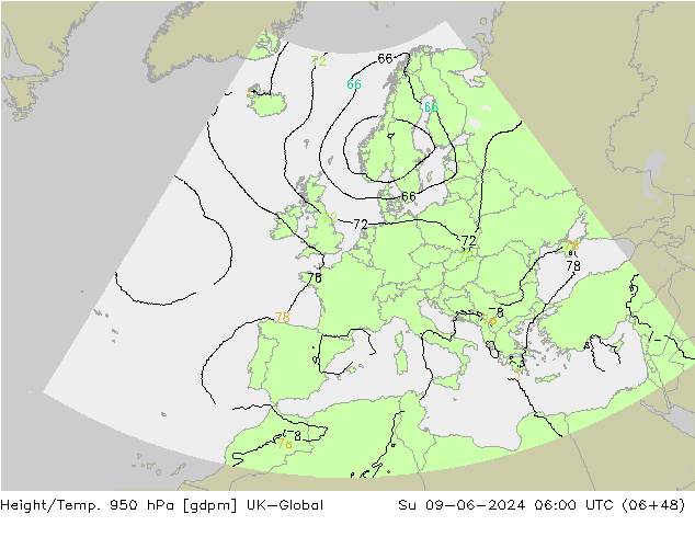 Height/Temp. 950 hPa UK-Global Su 09.06.2024 06 UTC