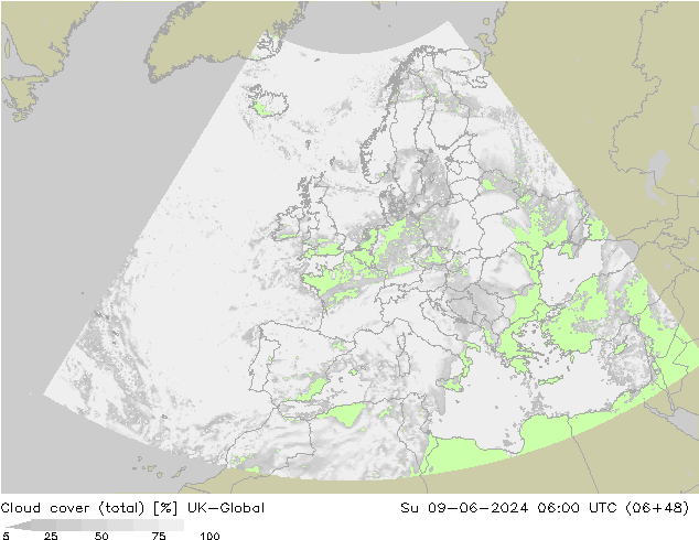 Wolken (gesamt) UK-Global So 09.06.2024 06 UTC