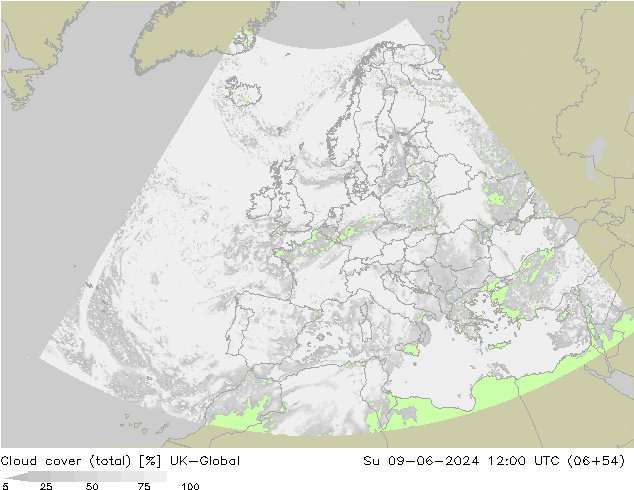 Cloud cover (total) UK-Global Su 09.06.2024 12 UTC