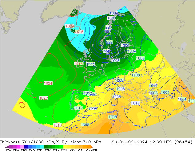 Schichtdicke 700-1000 hPa UK-Global So 09.06.2024 12 UTC