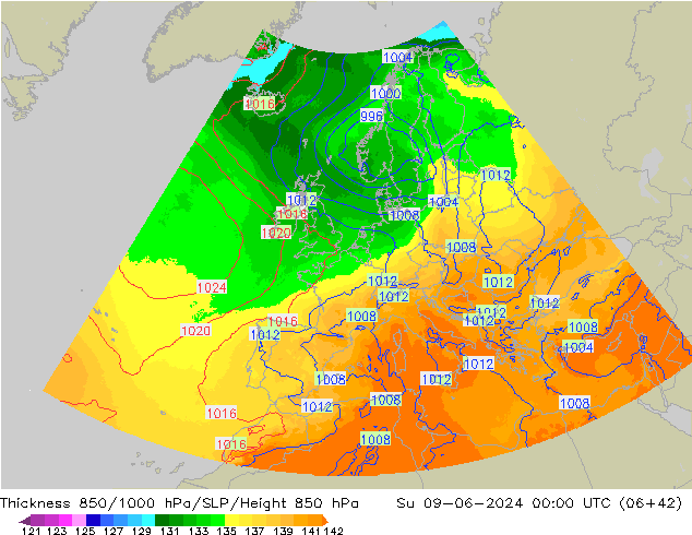 Thck 850-1000 hPa UK-Global Su 09.06.2024 00 UTC