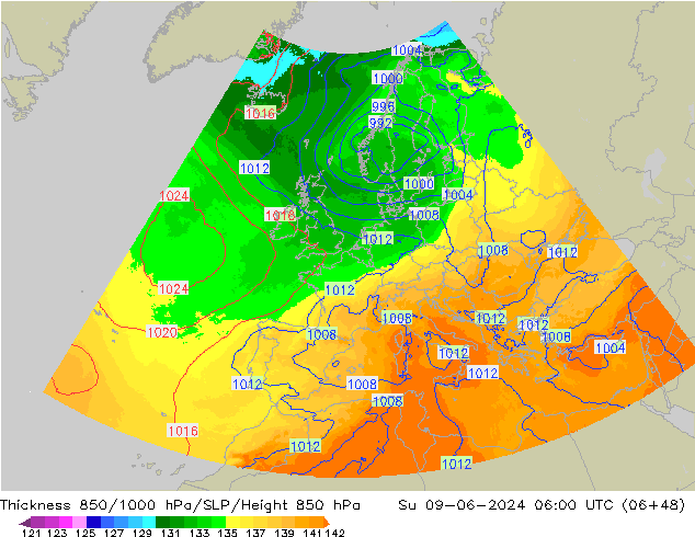 Thck 850-1000 hPa UK-Global Ne 09.06.2024 06 UTC