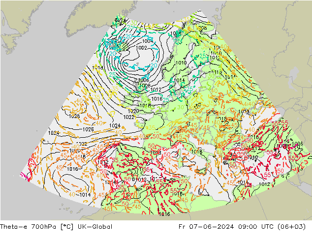 Theta-e 700hPa UK-Global ven 07.06.2024 09 UTC