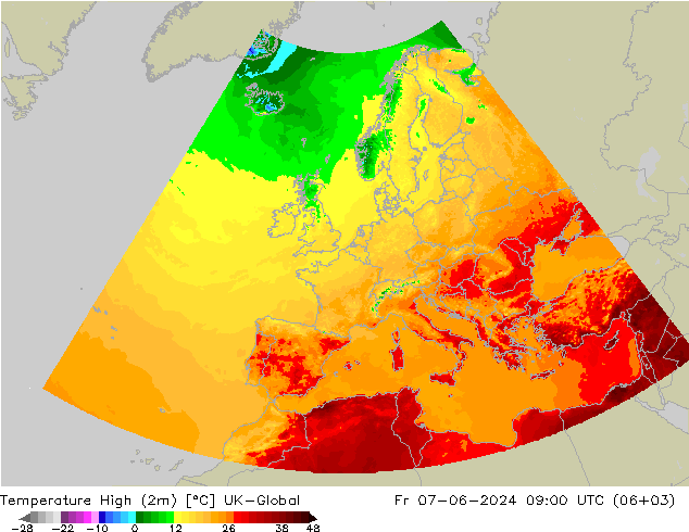 Temperature High (2m) UK-Global Fr 07.06.2024 09 UTC