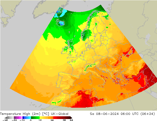 Temperature High (2m) UK-Global Sa 08.06.2024 06 UTC