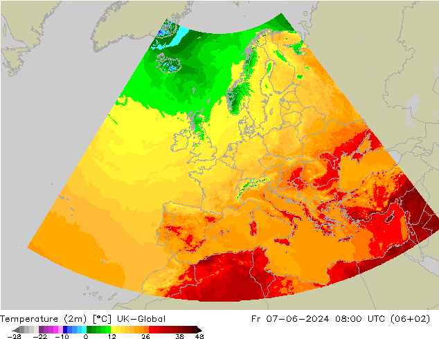 Temperatuurkaart (2m) UK-Global vr 07.06.2024 08 UTC