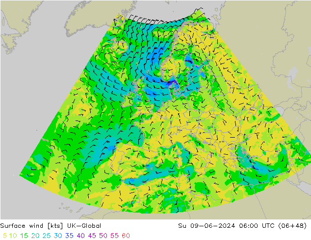 Viento 10 m UK-Global dom 09.06.2024 06 UTC