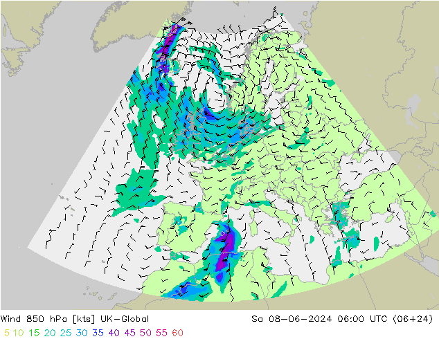 wiatr 850 hPa UK-Global so. 08.06.2024 06 UTC