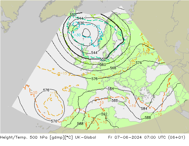 Height/Temp. 500 hPa UK-Global Fr 07.06.2024 07 UTC