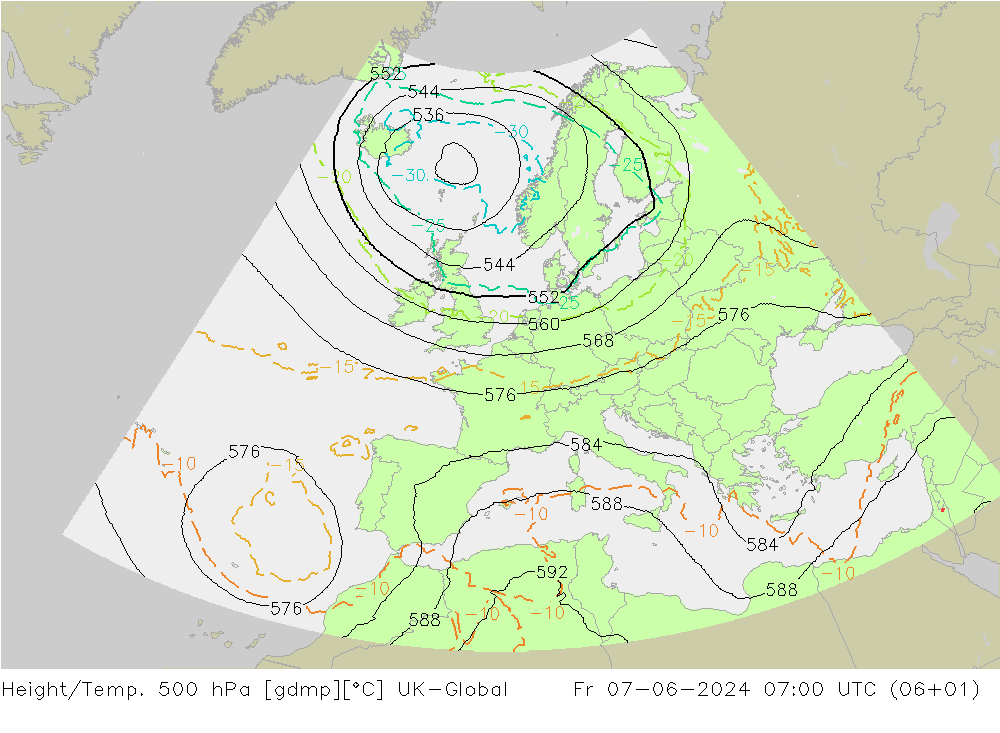 Géop./Temp. 500 hPa UK-Global ven 07.06.2024 07 UTC