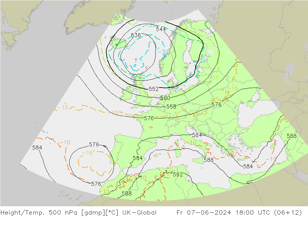 Height/Temp. 500 hPa UK-Global ven 07.06.2024 18 UTC