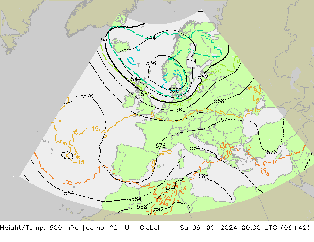 Height/Temp. 500 hPa UK-Global Su 09.06.2024 00 UTC