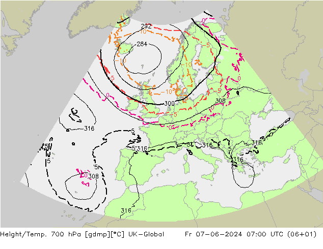 Yükseklik/Sıc. 700 hPa UK-Global Cu 07.06.2024 07 UTC