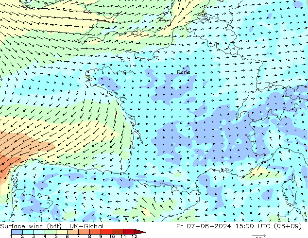 Rüzgar 10 m (bft) UK-Global Cu 07.06.2024 15 UTC