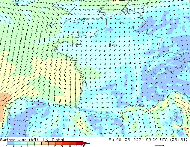 Surface wind (bft) UK-Global Su 09.06.2024 09 UTC