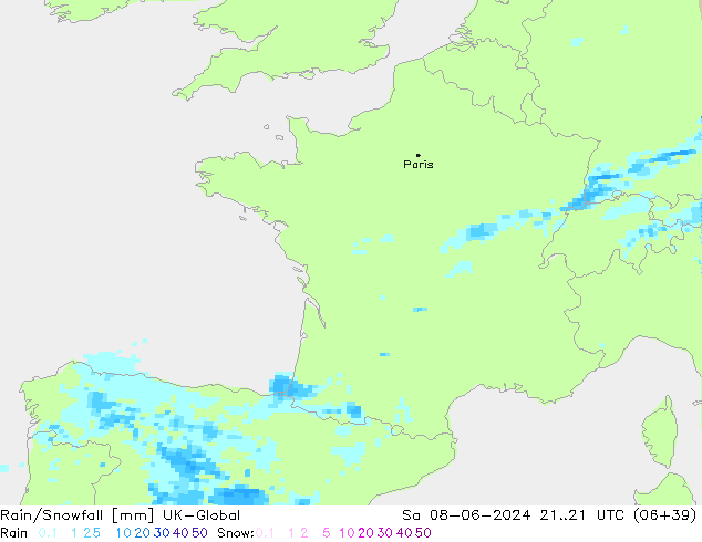 Rain/Snowfall UK-Global so. 08.06.2024 21 UTC