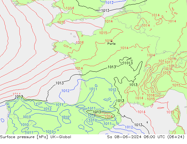 Pressione al suolo UK-Global sab 08.06.2024 06 UTC