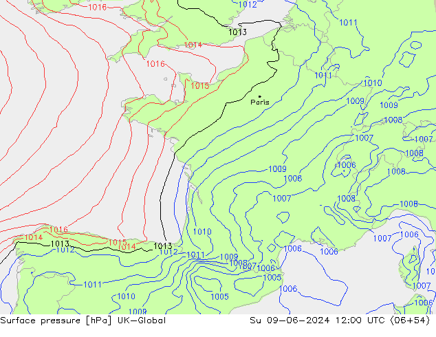 Surface pressure UK-Global Su 09.06.2024 12 UTC