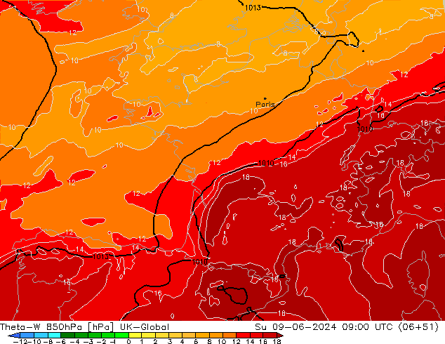 Theta-W 850hPa UK-Global Ne 09.06.2024 09 UTC
