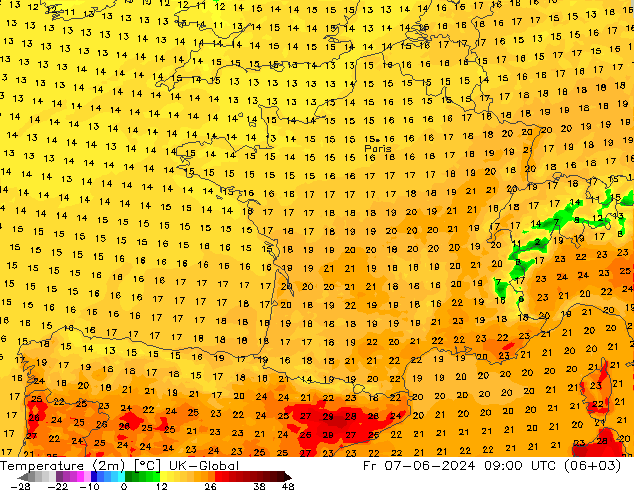 Temperature (2m) UK-Global Pá 07.06.2024 09 UTC