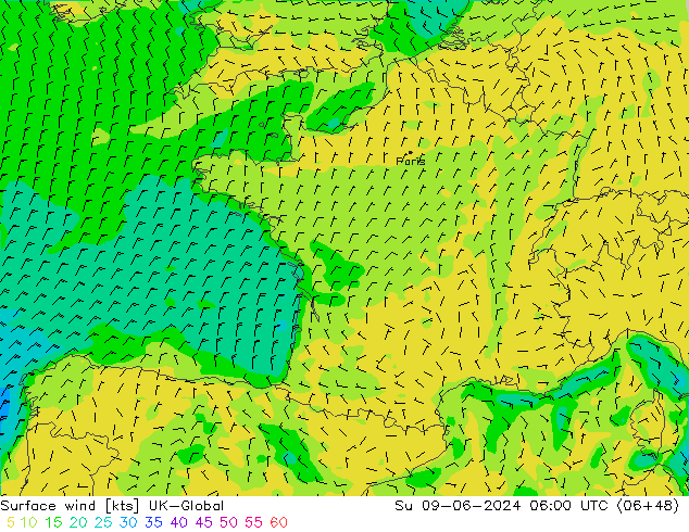 Rüzgar 10 m UK-Global Paz 09.06.2024 06 UTC