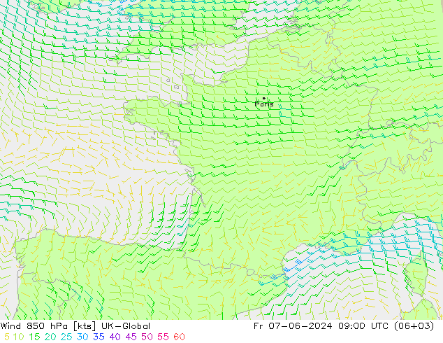 Wind 850 hPa UK-Global Pá 07.06.2024 09 UTC