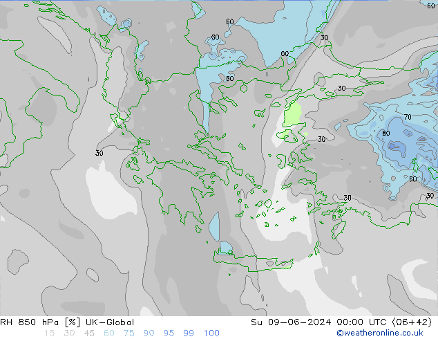 Humidité rel. 850 hPa UK-Global dim 09.06.2024 00 UTC