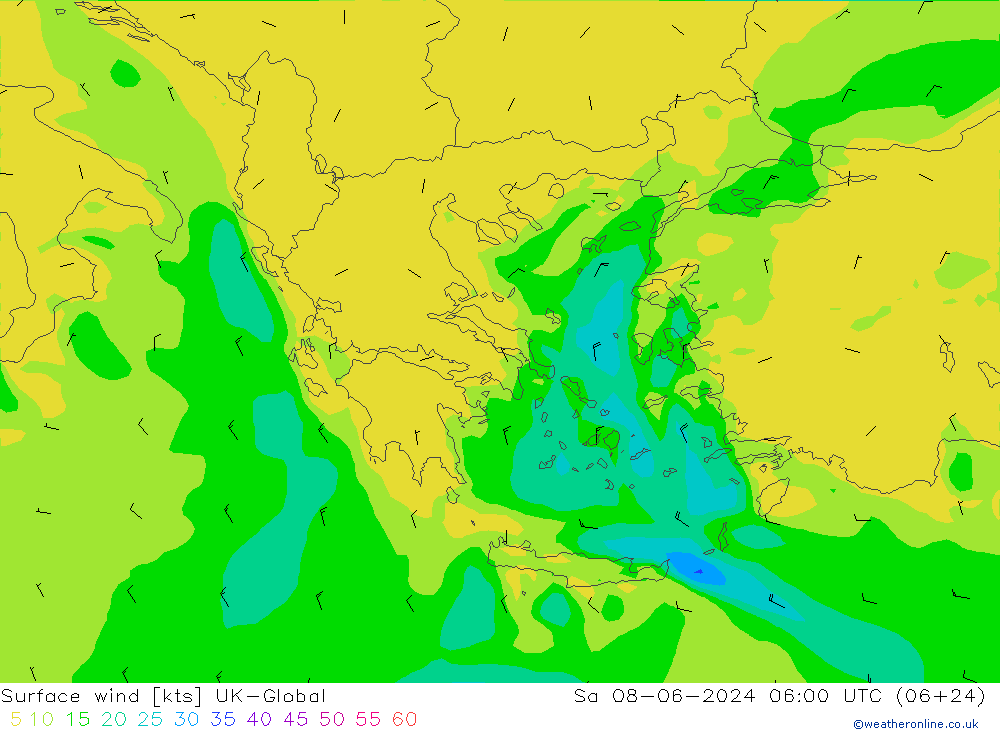 Viento 10 m UK-Global sáb 08.06.2024 06 UTC