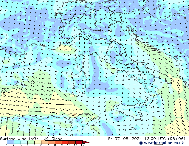 Surface wind (bft) UK-Global Fr 07.06.2024 12 UTC