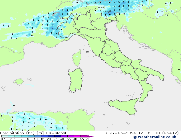 Totale neerslag (6h) UK-Global vr 07.06.2024 18 UTC
