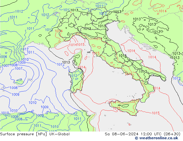 Presión superficial UK-Global sáb 08.06.2024 12 UTC