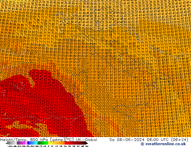 Géop./Temp. 850 hPa UK-Global sam 08.06.2024 06 UTC