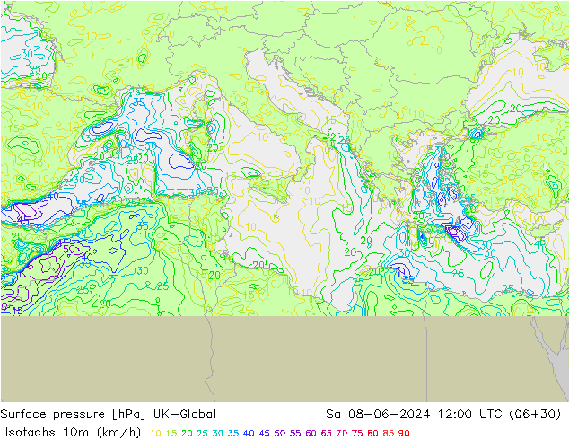 Isotachs (kph) UK-Global  08.06.2024 12 UTC