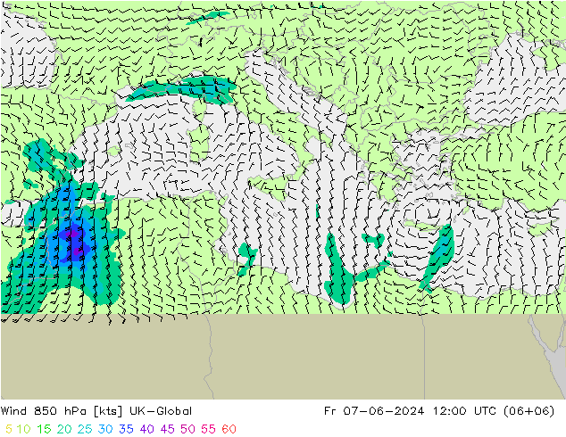 Wind 850 hPa UK-Global Fr 07.06.2024 12 UTC