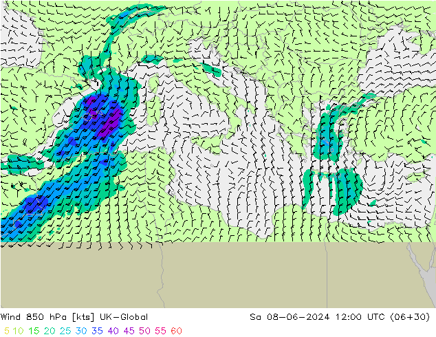 Vento 850 hPa UK-Global sab 08.06.2024 12 UTC