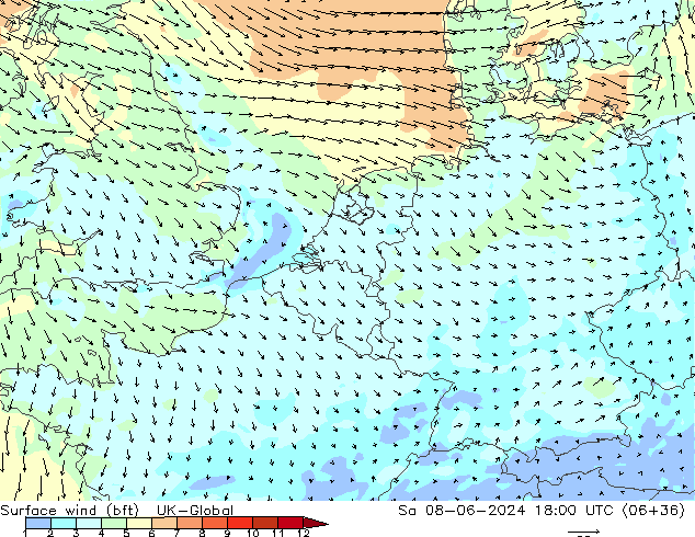 Surface wind (bft) UK-Global Sa 08.06.2024 18 UTC