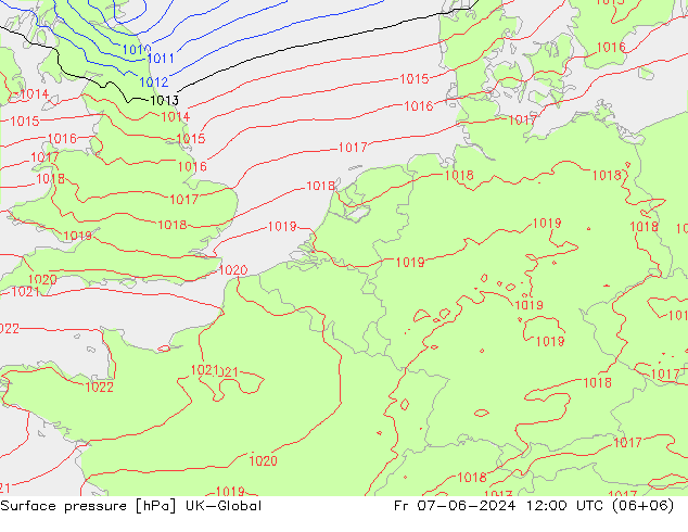 Pressione al suolo UK-Global ven 07.06.2024 12 UTC