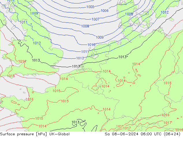 Pressione al suolo UK-Global sab 08.06.2024 06 UTC