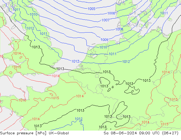 Presión superficial UK-Global sáb 08.06.2024 09 UTC