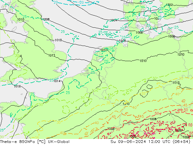 Theta-e 850hPa UK-Global So 09.06.2024 12 UTC