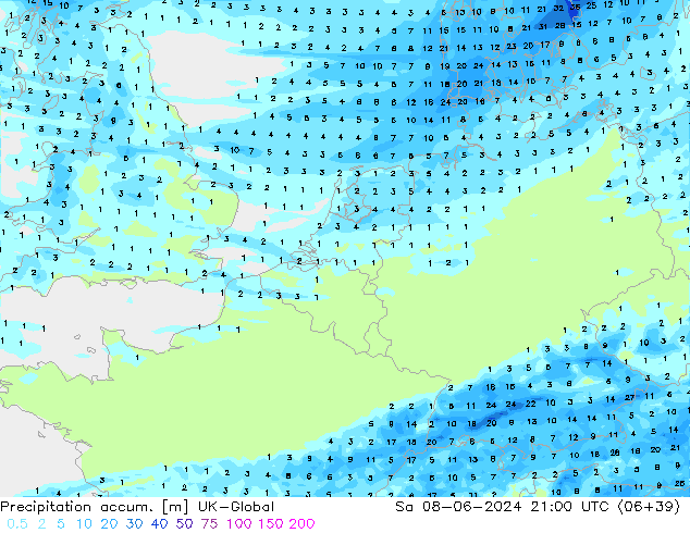 Precipitation accum. UK-Global sab 08.06.2024 21 UTC