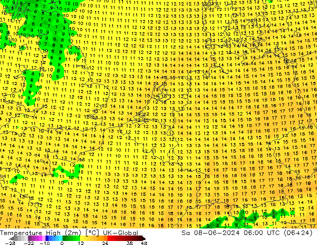 Höchstwerte (2m) UK-Global Sa 08.06.2024 06 UTC