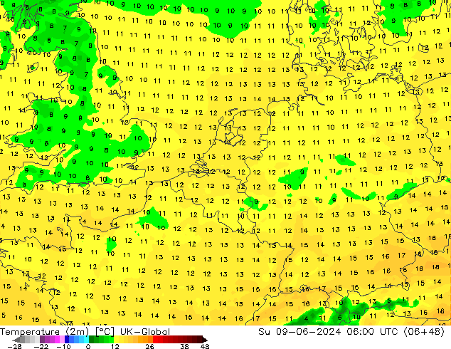 Temperatura (2m) UK-Global Dom 09.06.2024 06 UTC