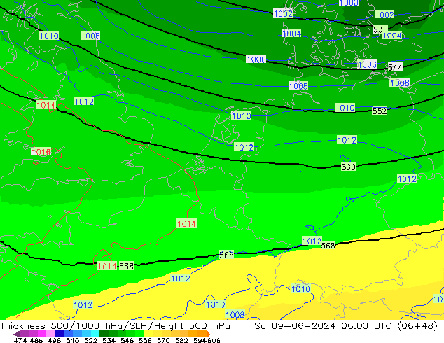 Thck 500-1000hPa UK-Global Su 09.06.2024 06 UTC